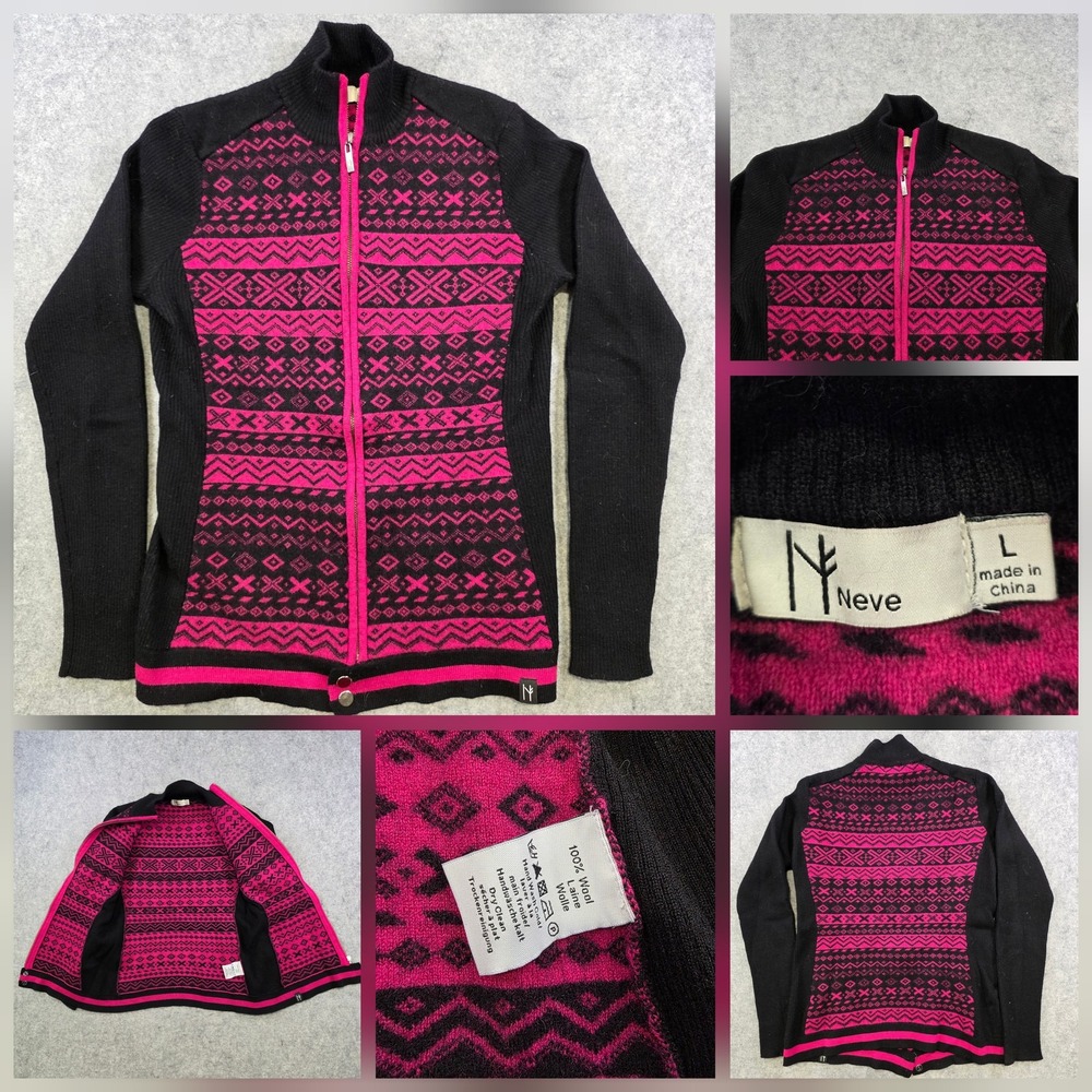 Neve Sweater Womens Large Pink Black 100% Wool Fair Isle Full Zip Ski Knit